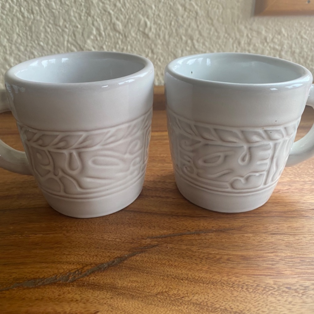 FRANKOMA Cups Mayan Aztec White Sand Mid Century 1950s Set 2 Marked 7C excellent